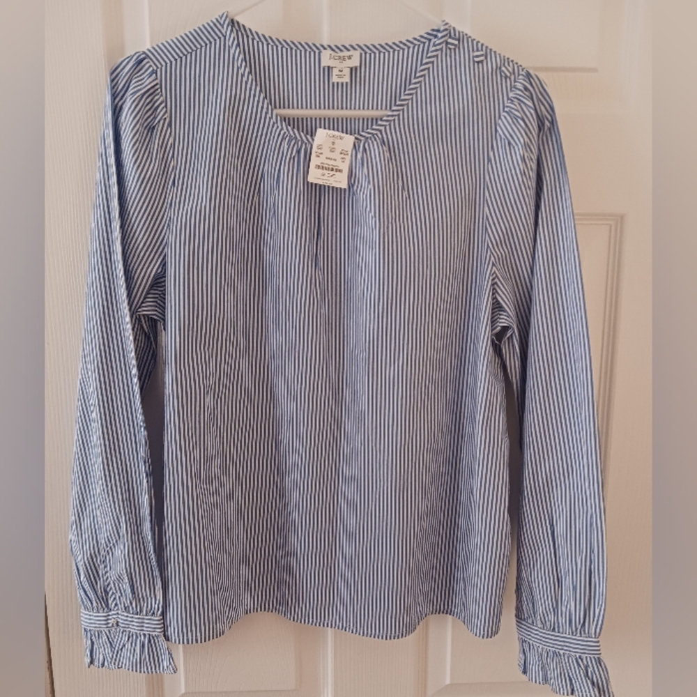 J Crew Blue Stripe Long Sleeve Shoulder Button Blouse Size M. Great With Suit.